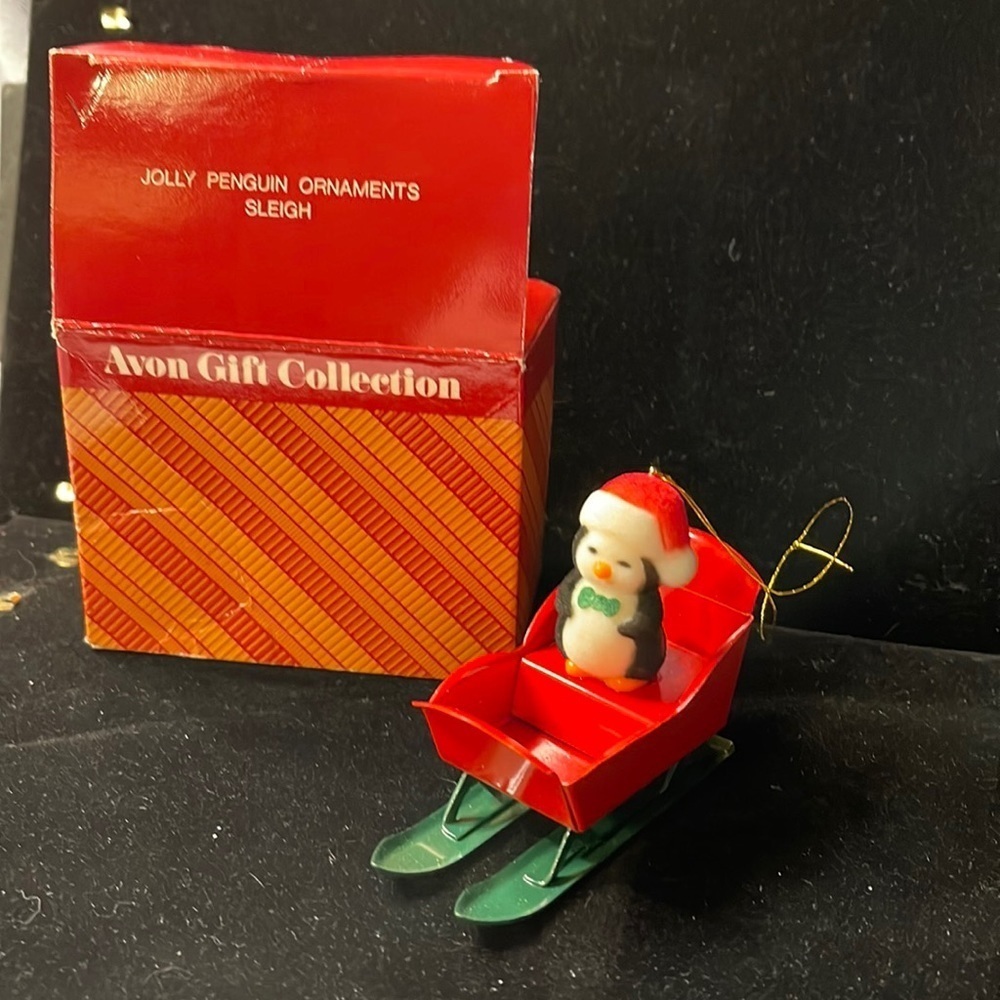 Avon Vintage Collectible “Jolly Penguin Ornaments Sleigh” in box